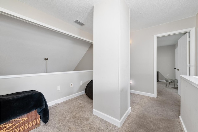 interior space with light colored carpet and a textured ceiling