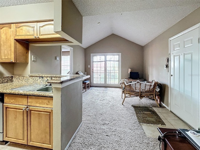 kitchen with lofted ceiling, kitchen peninsula, a textured ceiling, and light brown cabinets