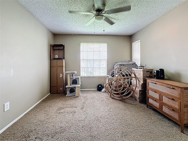 misc room featuring ceiling fan, a textured ceiling, and carpet