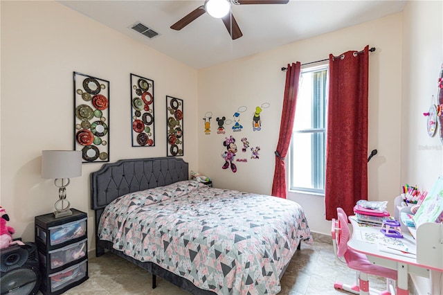 bedroom with light tile patterned flooring and ceiling fan