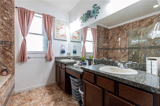 bathroom with tile patterned floors and double sink vanity