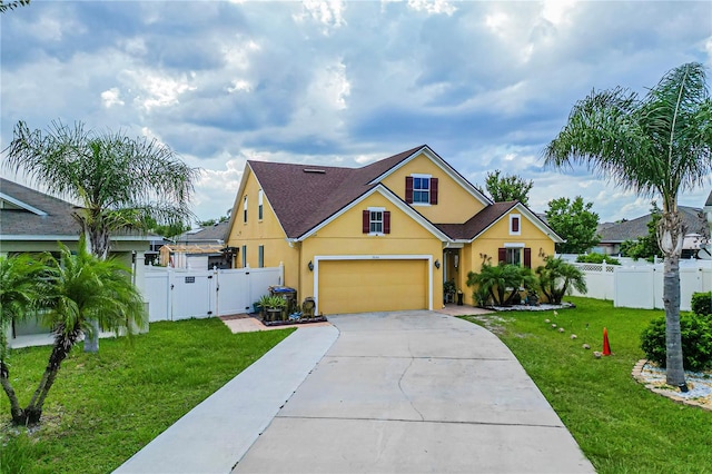 view of front of property with a garage and a front lawn