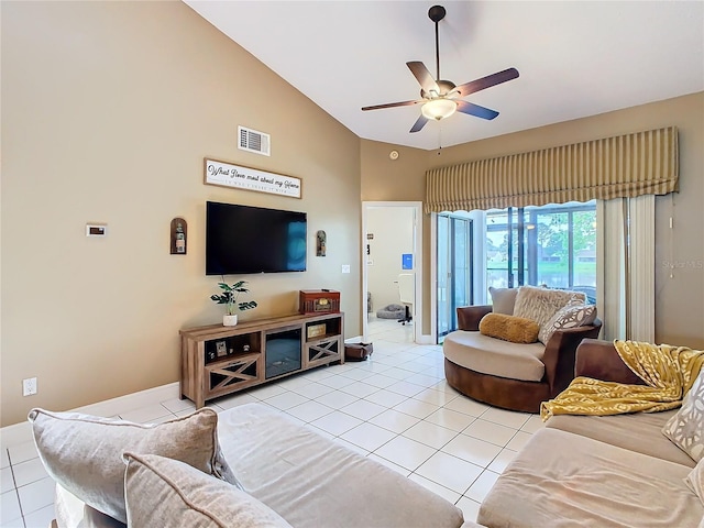 tiled living room featuring high vaulted ceiling and ceiling fan