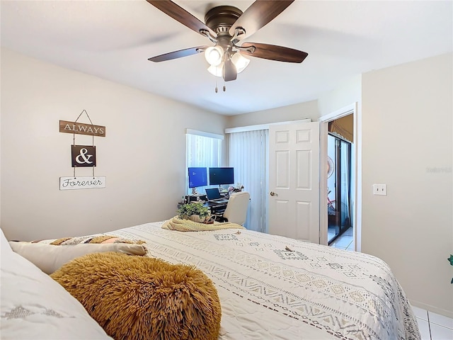 bedroom with light tile patterned floors and ceiling fan