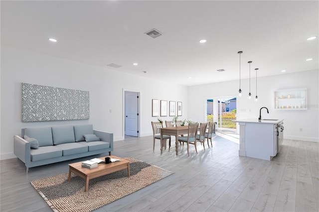 living room with light hardwood / wood-style floors and sink