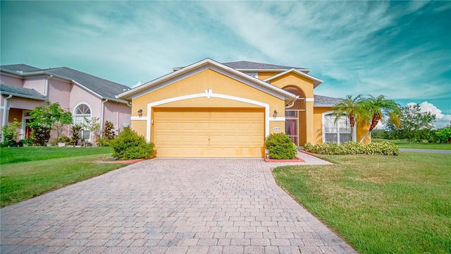 ranch-style home with a garage and a front lawn