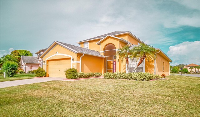 view of front of property featuring a front yard and a garage