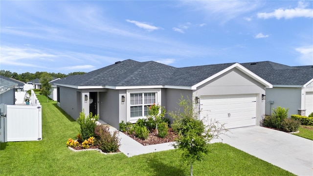 ranch-style home featuring a garage and a front lawn