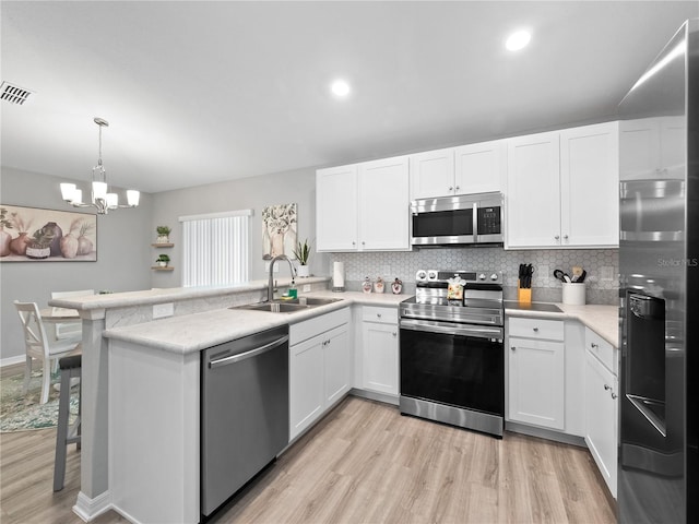 kitchen with light wood-type flooring, appliances with stainless steel finishes, sink, and kitchen peninsula