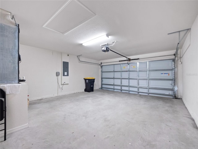 garage with electric panel and a garage door opener