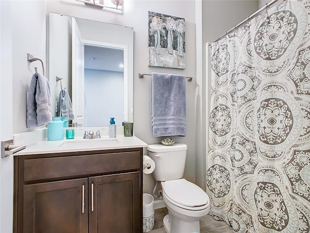 full bathroom featuring toilet, vanity, and a shower with curtain