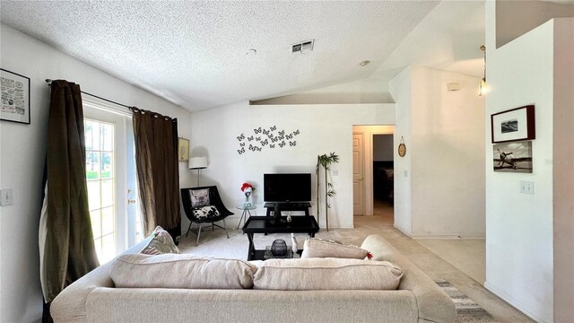 living room with a textured ceiling and lofted ceiling