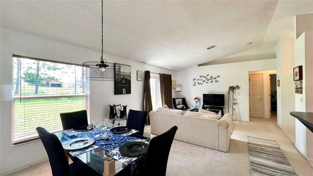 carpeted dining area with lofted ceiling, a healthy amount of sunlight, and a textured ceiling