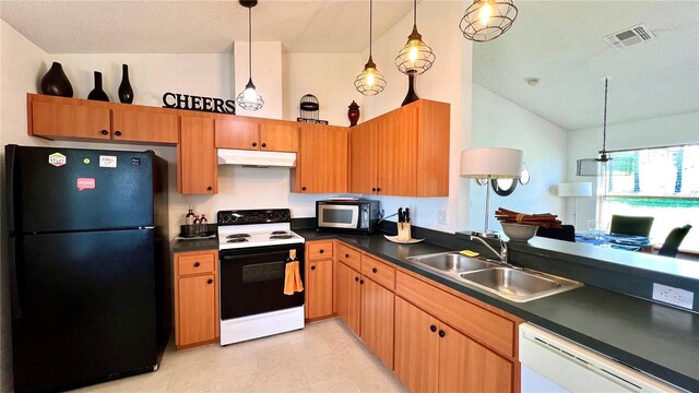 kitchen featuring white appliances, light tile patterned flooring, lofted ceiling, sink, and decorative light fixtures