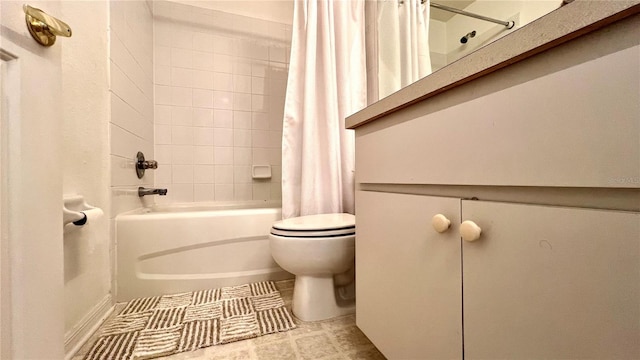 bathroom with shower / bath combo with shower curtain, tile patterned floors, and toilet