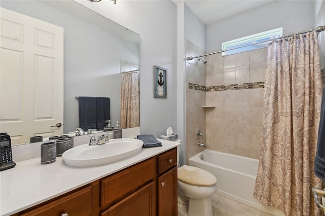 full bathroom featuring vanity, shower / bathtub combination with curtain, tile patterned flooring, and toilet