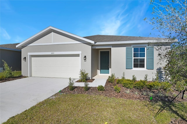 ranch-style home featuring a garage and a front lawn