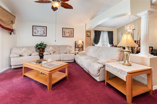 living room featuring lofted ceiling, ceiling fan with notable chandelier, dark colored carpet, and ornate columns