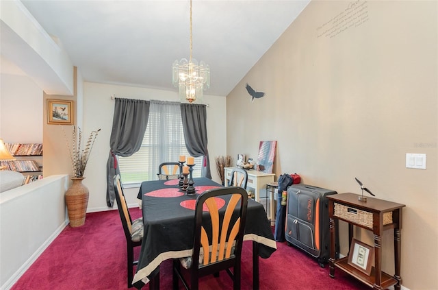 carpeted dining space featuring an inviting chandelier and lofted ceiling