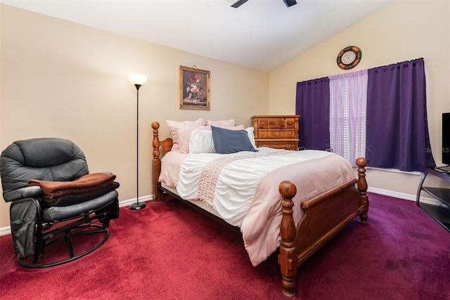 bedroom featuring carpet floors, ceiling fan, and vaulted ceiling