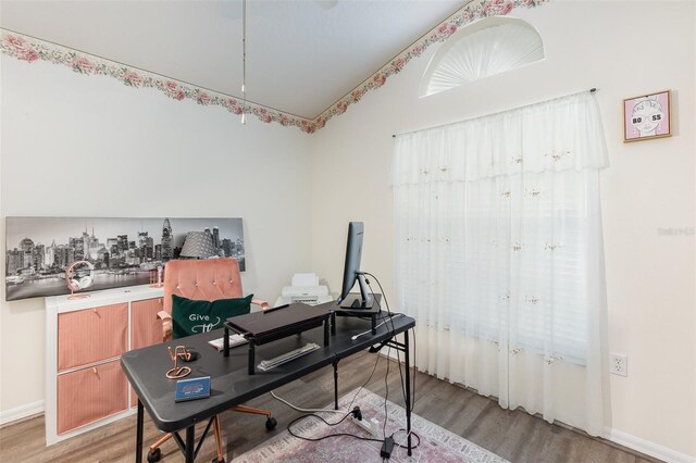 office featuring lofted ceiling and light hardwood / wood-style flooring