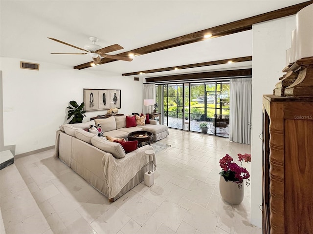 living area with visible vents, beamed ceiling, baseboards, and ceiling fan