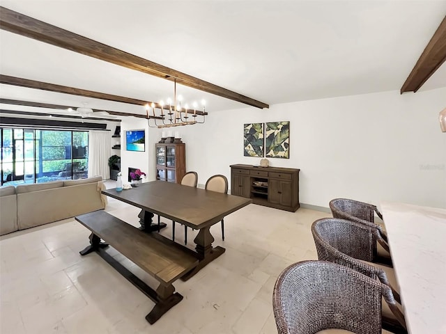 dining room with a notable chandelier and beamed ceiling