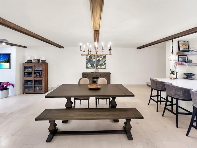 dining room with a notable chandelier and beam ceiling