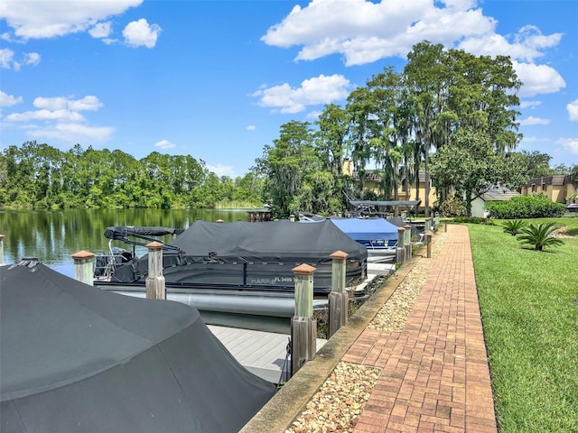 dock area with a water view and a lawn