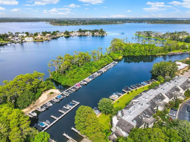 birds eye view of property featuring a water view