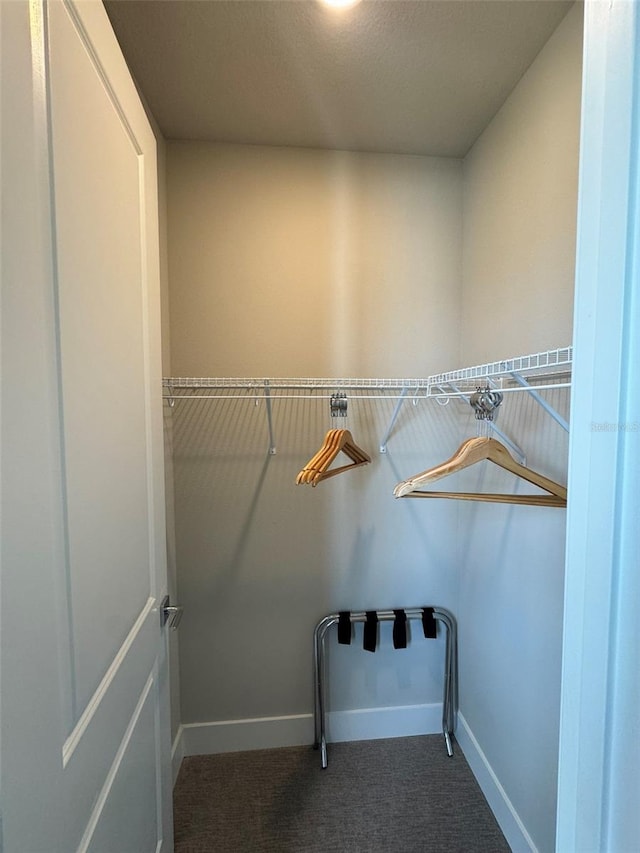 spacious closet featuring dark colored carpet