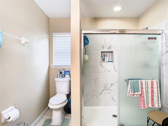 full bathroom featuring tile patterned flooring, baseboards, toilet, and a marble finish shower