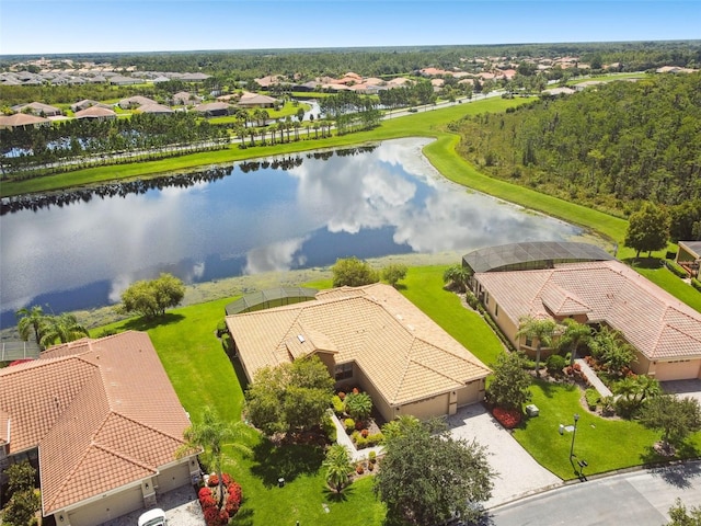 aerial view featuring a water view