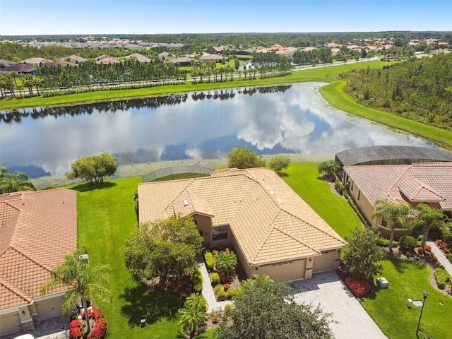 birds eye view of property featuring a water view