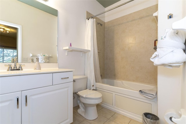 full bathroom with tile patterned flooring, vanity, shower / bathtub combination with curtain, and toilet