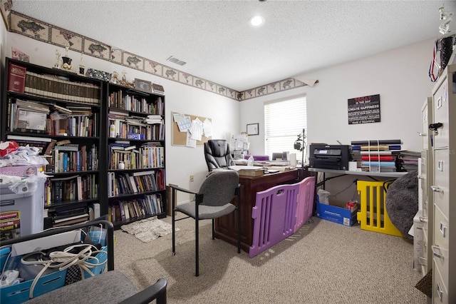 office space featuring carpet floors and a textured ceiling