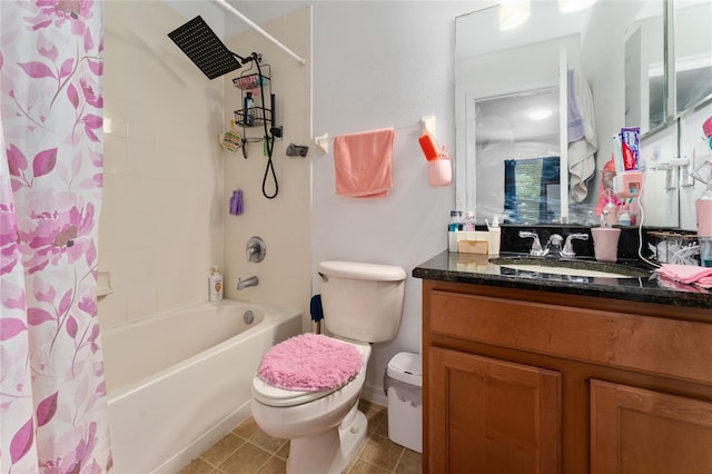 full bathroom with vanity, toilet, shower / bathtub combination with curtain, and tile patterned flooring