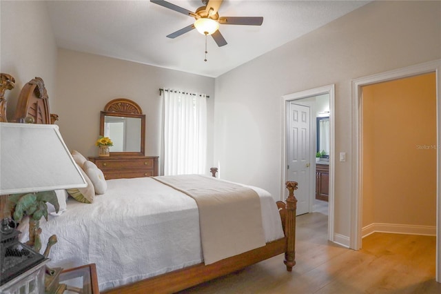 bedroom featuring ceiling fan and light hardwood / wood-style floors