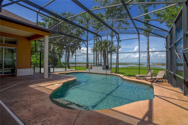 view of swimming pool with a water view, a lanai, and a patio