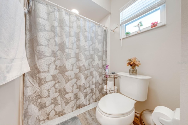 bathroom with hardwood / wood-style flooring and toilet