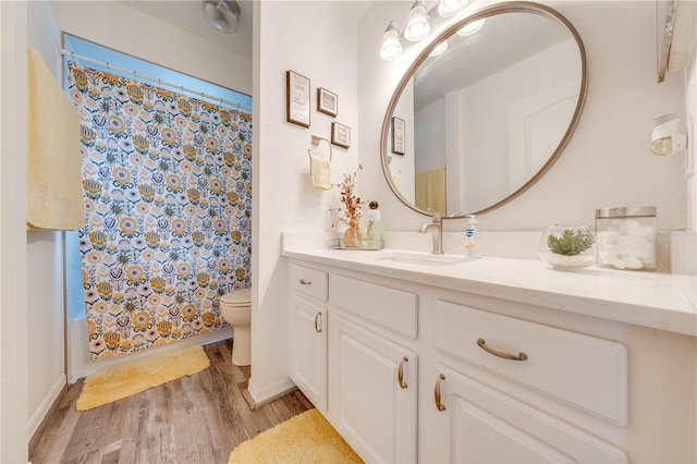 bathroom with vanity, toilet, and hardwood / wood-style flooring