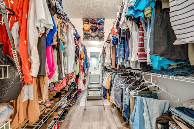 walk in closet with light hardwood / wood-style flooring