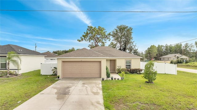 ranch-style home with a garage and a front yard