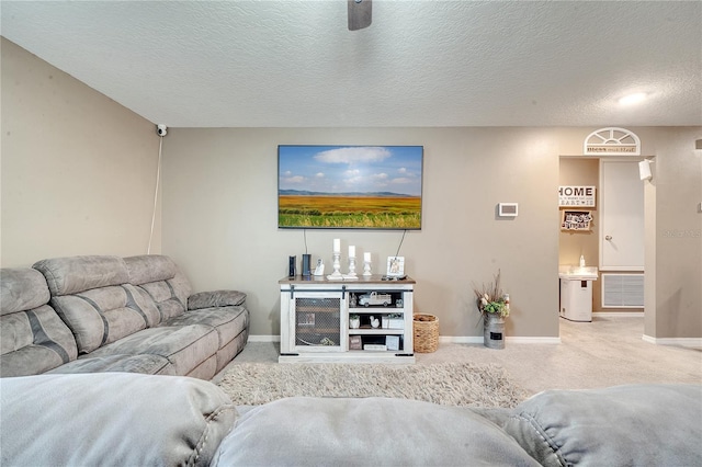 carpeted living room with a textured ceiling