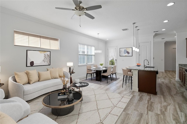 living room featuring ceiling fan, ornamental molding, sink, and light wood-type flooring