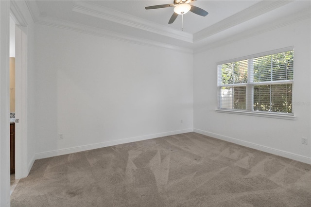 carpeted empty room with crown molding, ceiling fan, and a tray ceiling