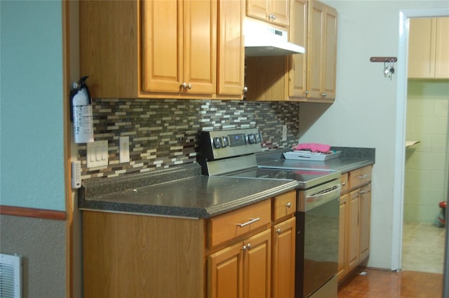 kitchen with stainless steel range with electric stovetop and decorative backsplash