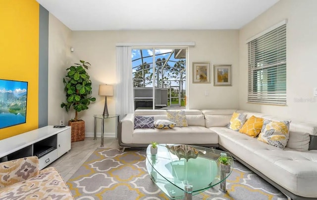 living room featuring light tile patterned floors