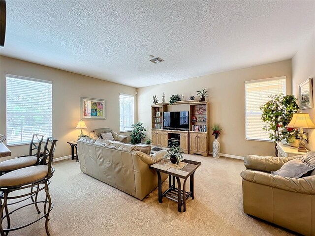 living room featuring a textured ceiling, plenty of natural light, and light colored carpet