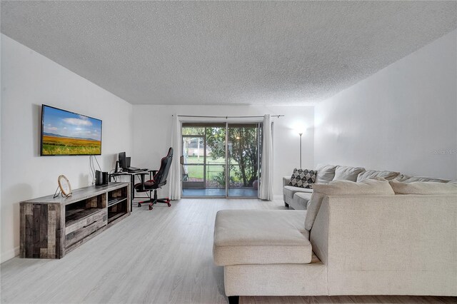 living room with light hardwood / wood-style floors and a textured ceiling